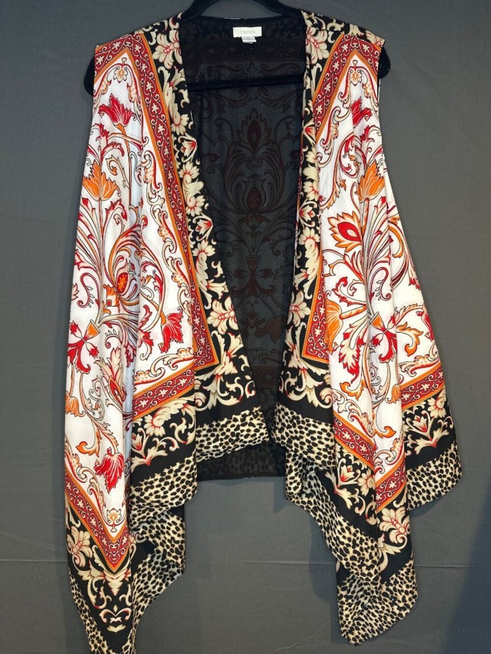 Chico’s Size 3 Mixed Print Draped Vest Paisley Leopard Sheer Boho Statement